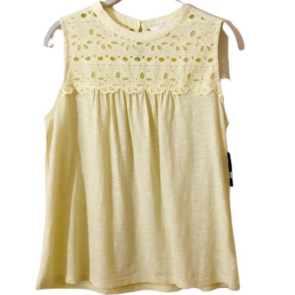 Embroidered Eyelet Lace Sleeveless Crew Neck Shiffly Tank Top Lucky Brand Yellow - Picture 6 of 15